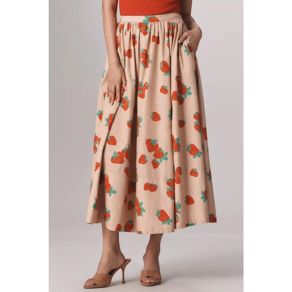 nwt ANTHROPOLOGIE MAEVE sz S The Jacie Poplin Strawberry Printed Midi Skirt - Picture 4 of 6
